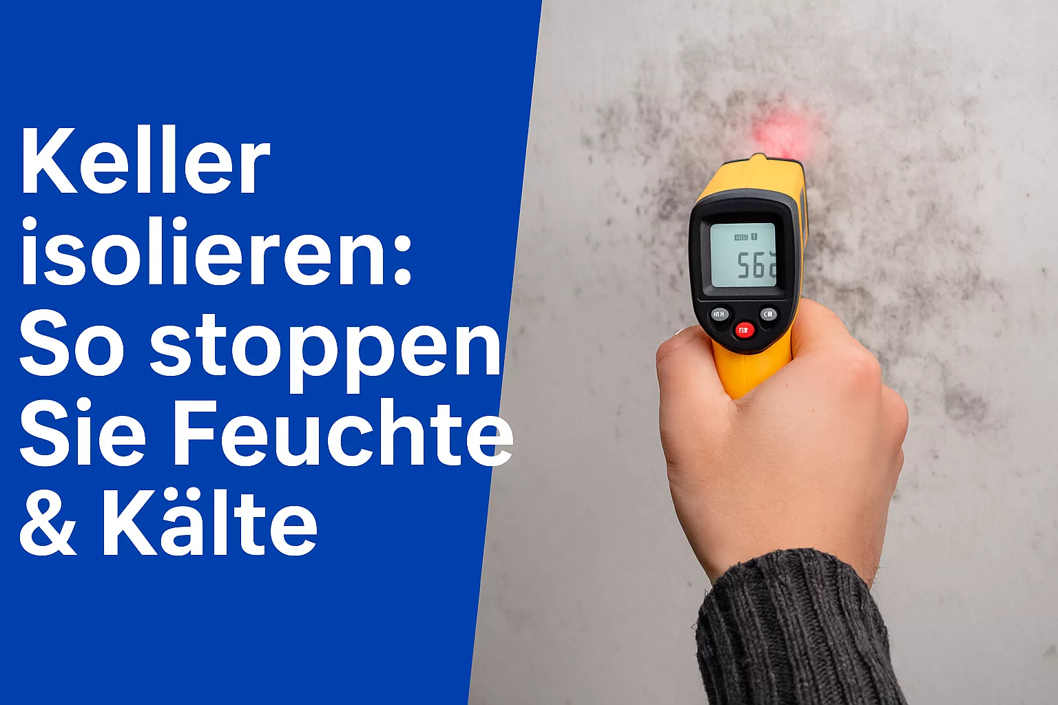 Messung einer kalten, schimmelbefallenen Kellerwand mit Infrarot-Thermometer – Kellerisolierung gegen Feuchtigkeit