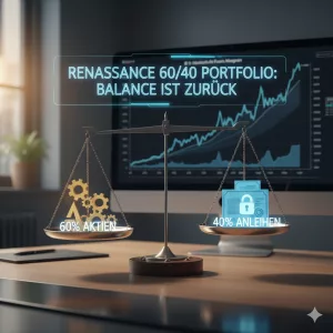 Eine ausgewogene Waage auf einem Schreibtisch im Jahr 2026: Auf der linken Seite goldene Aktien-Symbole (60%), auf der rechten Seite blaue Anleihen-Zertifikate (40%). Im Hintergrund ein moderner Finanz-Monitor mit stabilen Wachstumskurven. Text im Bild: „RENAISSANCE 60/40 PORTFOLIO: BALANCE IST ZURÜCK“.