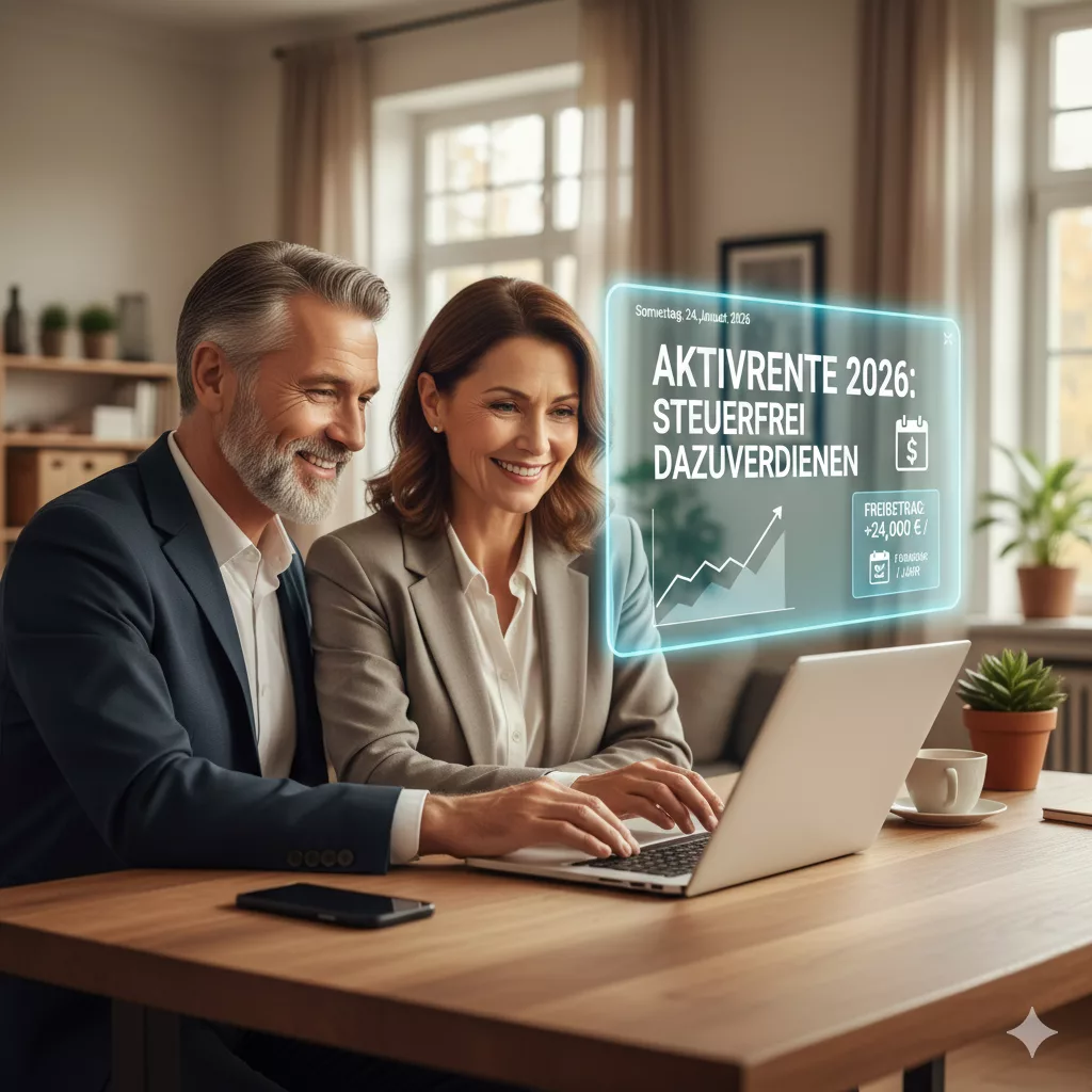 Ein eleganter, älterer Mann und eine Frau im Home-Office-Bereich, die lächelnd an einem Laptop arbeiten. Im Vordergrund eine Grafik, die den Steuerfreibetrag von 24.000 Euro pro Jahr zeigt. Das Bild symbolisiert die Aktivrente 2026 und das steuerfreie Dazuverdienen im Ruhestand.