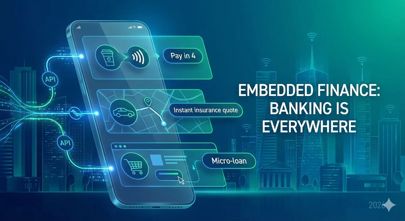 Eine visualisierte Smartphone-Schnittstelle, die nahtlos in den Alltag integriert ist: Ein Kaffekauf-Symbol verschmilzt mit einem Bank-Icon. Im Hintergrund digitale Datenströme und API-Verbindungen. Text im Bild: 'EMBEDDED FINANCE: BANKING IS EVERYWHERE'.