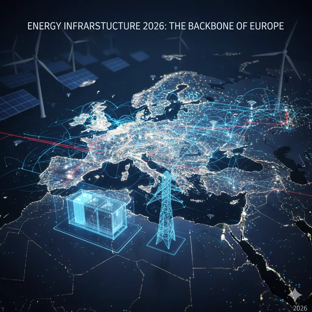 Eine futuristische Europakarte bei Nacht, die durch leuchtende Stromnetze, Wasserstoff-Pipelines und Datenknotenpunkte verbunden ist. Im Vordergrund ein Hologramm einer modernen Batteriezelle und eines Strommastens. Text: 'ENERGY INFRASTRUCTURE 2026: THE BACKBONE OF EUROPE'.