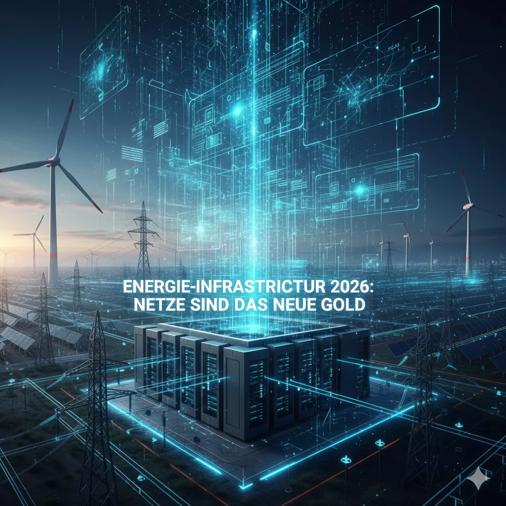Eine futuristische Darstellung der Energie-Infrastruktur 2026: Hochspannungsleitungen und digitale Netz-Diagramme verschmelzen mit modernen Rechenzentren im Hintergrund. Das Bild zeigt die Verbindung von physischer Energieversorgung und digitaler Zukunftstechnik.
