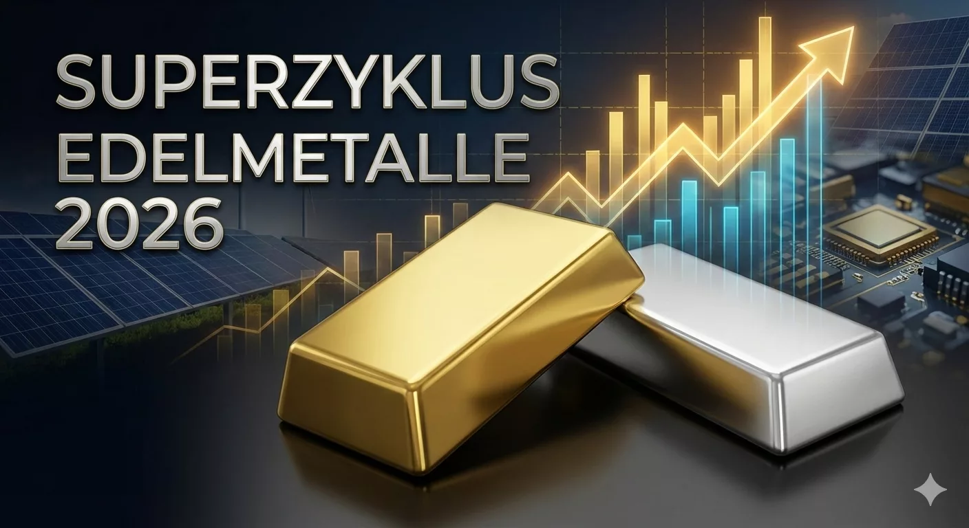 Eine Gegenüberstellung von einem glänzenden Goldbarren und einem Silberbarren auf einer dunklen, reflektierenden Oberfläche. Im Hintergrund eine stilisierte, aufsteigende Chart-Kurve in Goldfarben und industrielle Elemente wie Solarpaneele, die die industrielle Nutzung von Silber symbolisieren. Text im Bild: „SUPERZYKLUS EDELMETALLE 2026“.