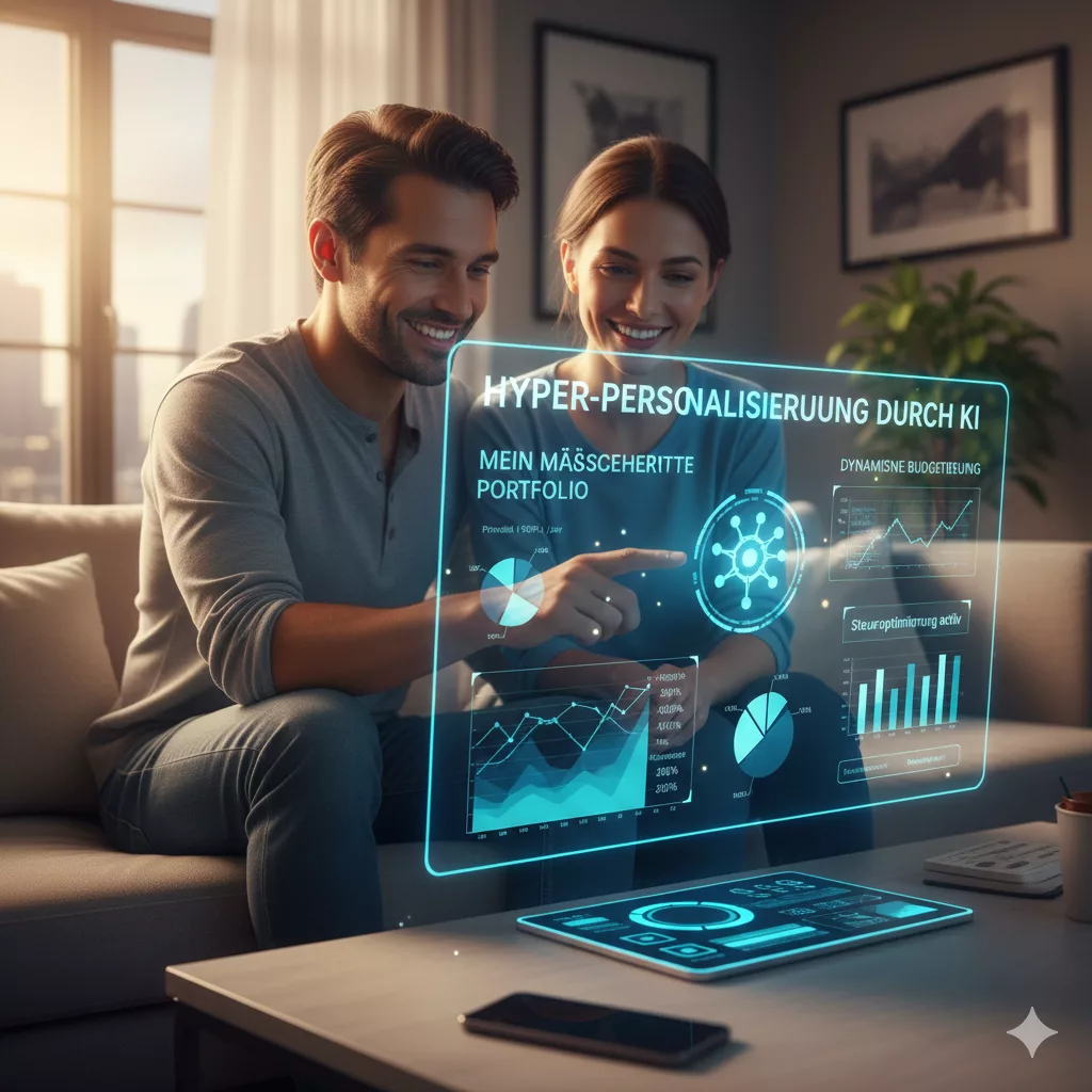Glückliches Paar nutzt eine holografische KI-Benutzeroberfläche zur personalisierten Analyse von Finanzdaten und digitalen Diagrammen im Wohnzimmer