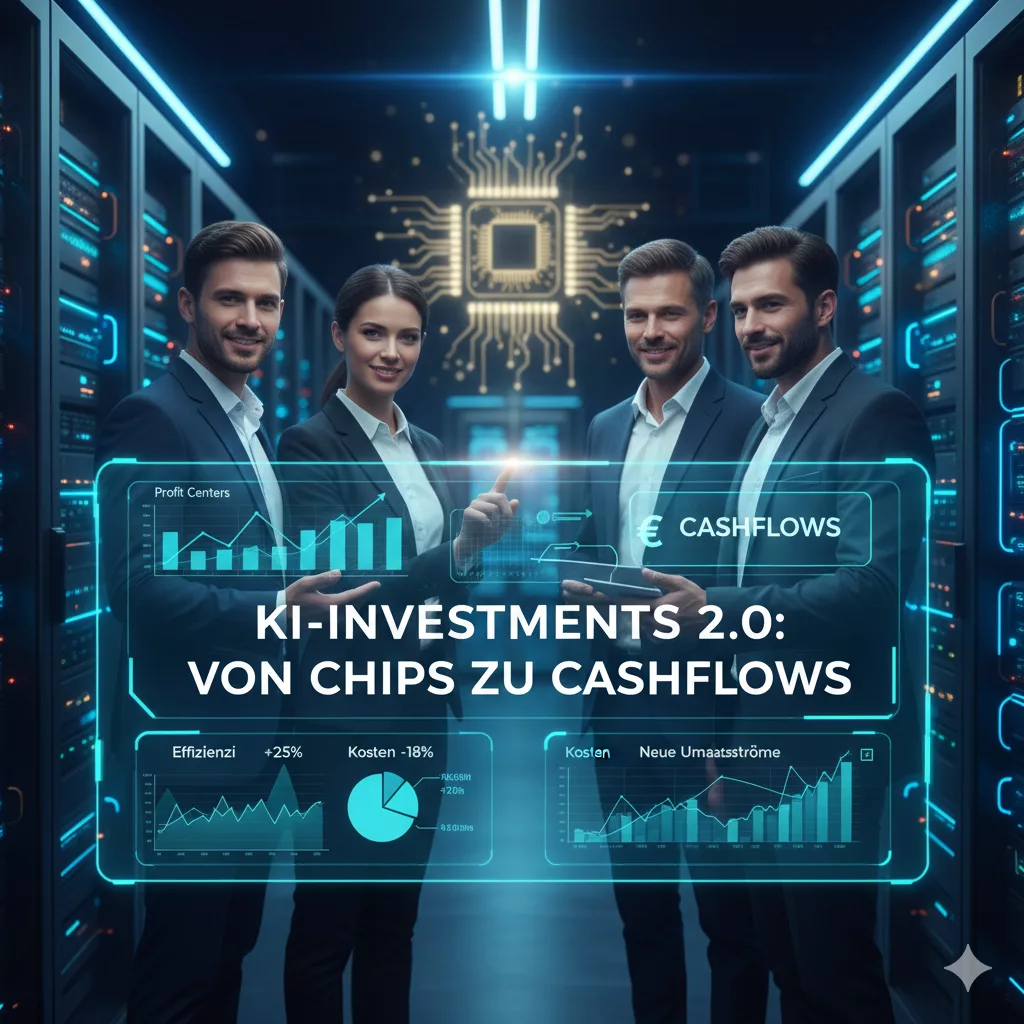 Eine futuristische Landschaft mit einem zentralen KI-Rechenzentrum, umgeben von leuchtenden Datenströmen und Energiepfaden. Im Hintergrund sind Windkraftanlagen und Solarparks zu sehen, die die Energieversorgung sicherstellen. Der Titel "ENERGIE-INFRASTRUKTUR 2026: NETZE SIND DAS NEUE GOLD" ist prominent platziert.