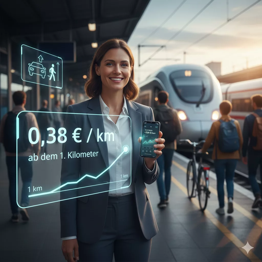 Frau am Bahnhof mit Smartphone und digitaler Anzeige zur Pendlerpauschale 2026 – 0,38 € pro Kilometer ab dem ersten Kilometer, im Hintergrund ein Zug.