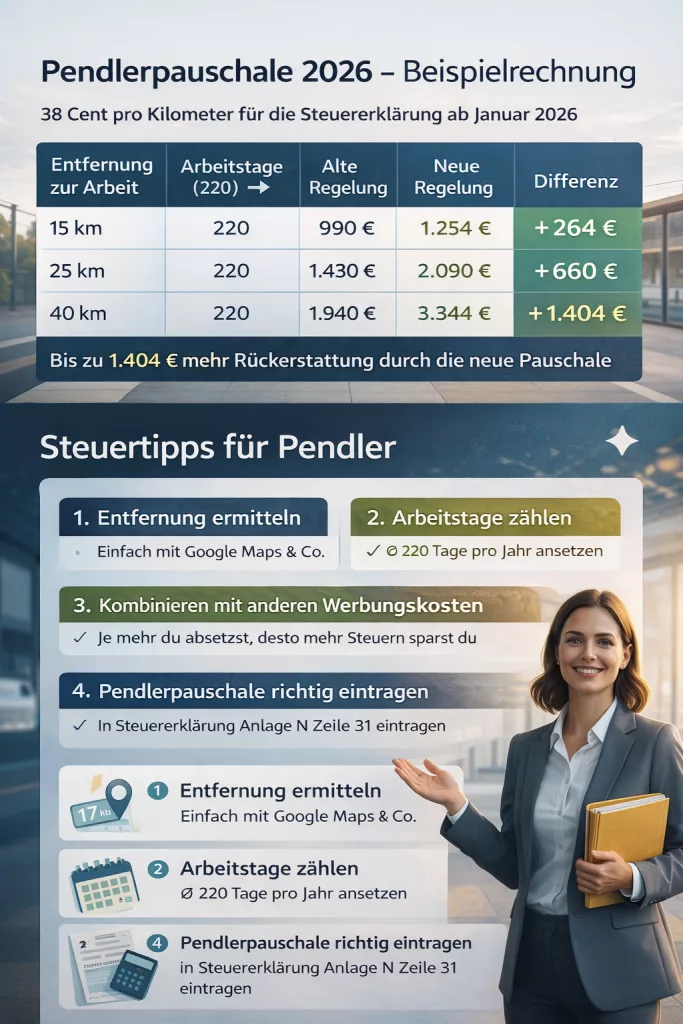 Infografik zur Pendlerpauschale 2026 mit Beispielrechnung und Steuertipps für Arbeitnehmer – inklusive Tabelle mit Entfernungen, Arbeitstagen und Rückerstattungsbeträgen sowie vier praktischen Tipps zur Steuererklärung.