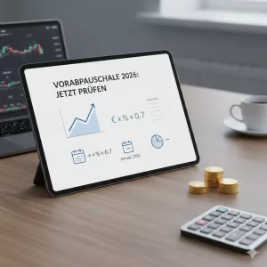 Schematische Darstellung der ETF Vorabpauschale 2026: Ein Taschenrechner, Euro-Scheine und ein Tablet mit einer Aufwärtstabelle auf einem modernen Holzschreibtisch. Das Bild illustriert die Steuerberechnung für Investmentfonds zu Jahresbeginn.