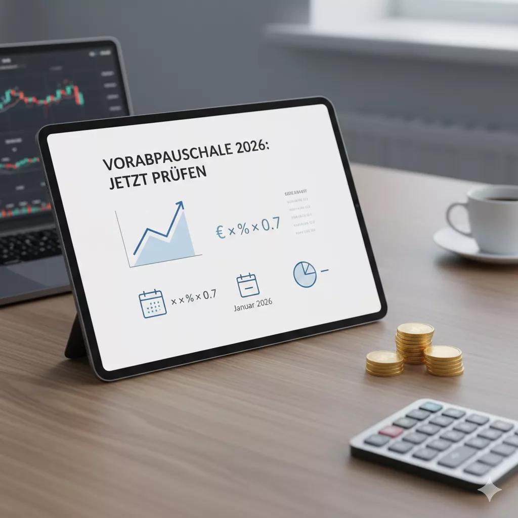 Schematische Darstellung der ETF Vorabpauschale 2026: Ein Taschenrechner, Euro-Scheine und ein Tablet mit einer Aufwärtstabelle auf einem modernen Holzschreibtisch. Das Bild illustriert die Steuerberechnung für Investmentfonds zu Jahresbeginn.