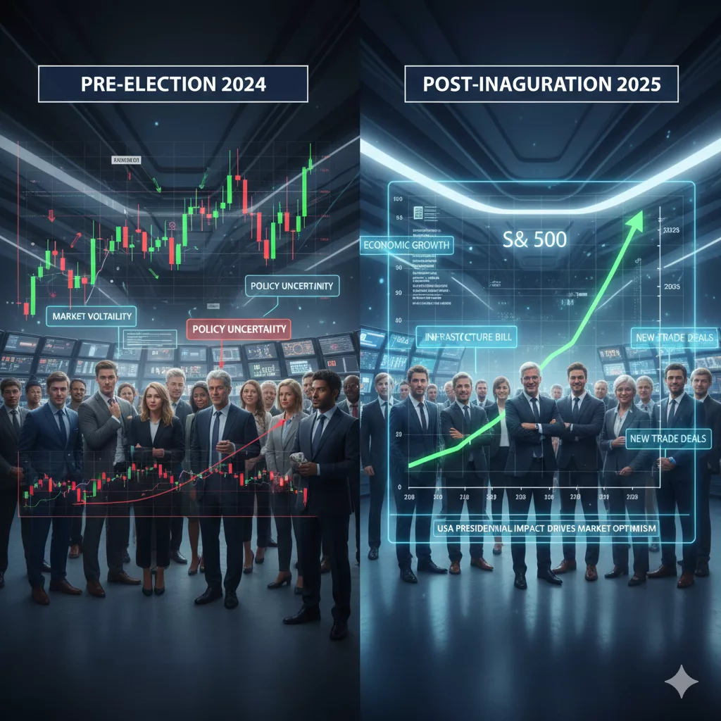 Wirkung von US-Praesident auf Aktienmarkt in 2025 6 Vergleich der US-Aktienmarktentwicklung vor der Wahl 2024 und nach der Amtseinführung 2025. Das Bild zeigt den Übergang von Marktvolatilität zu einem starken Aufwärtstrend des S&P 500 unter dem Einfluss der neuen US-Präsidentschaft.
