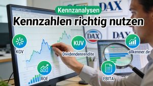 Infografik zum Thema DAX-Index erklärt mit Logos von SAP, Siemens und Allianz vor einem blauen Kurschart.