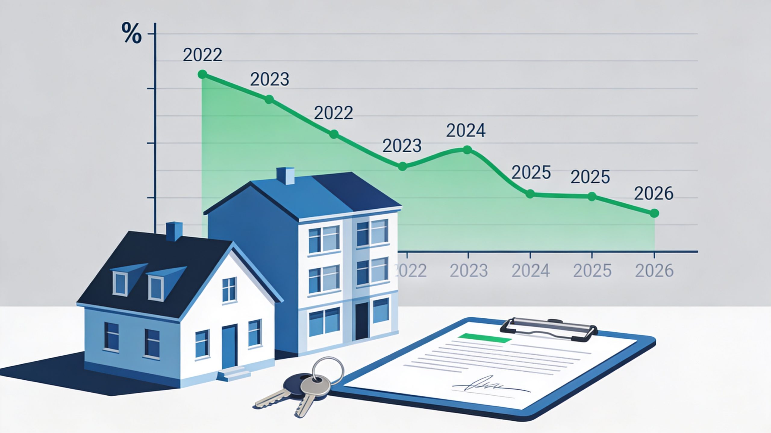 Bauzinsen 2026: Entwicklung & ist jetzt Zeit für Haus/Wohnung? 4 Illustration zu Bauzinsen-Entwicklung 2026 mit Einfamilienhaus, Wohnung und Zinsdiagramm für Immobilienkauf-Entscheidung.