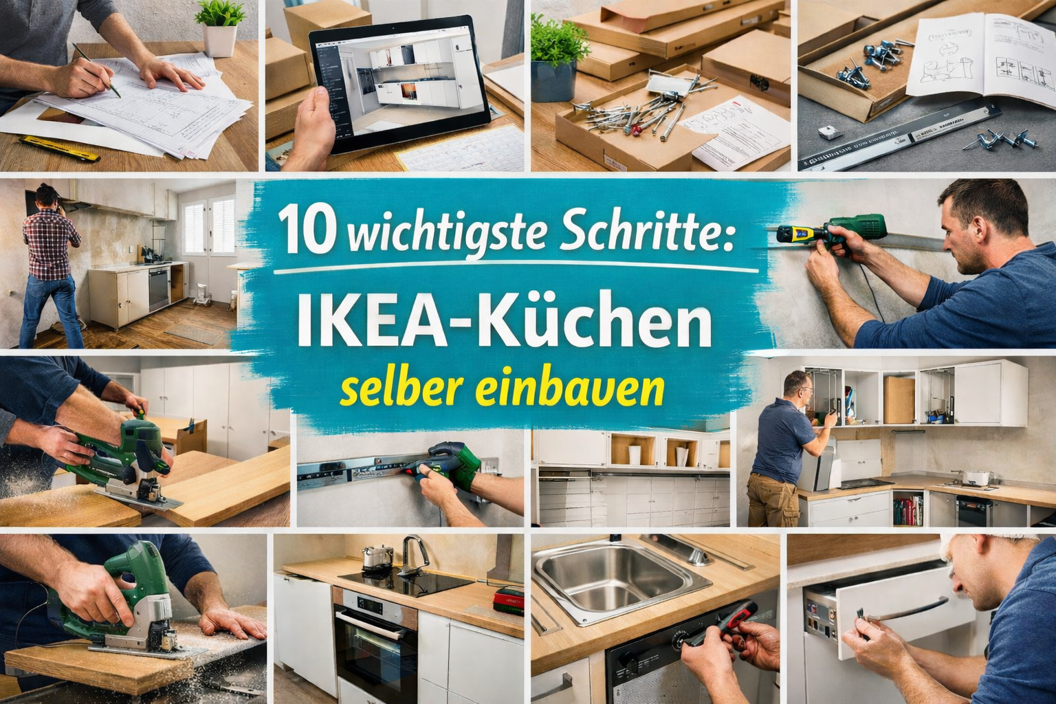 10 wichtigste Schritte, wie man IKEA-Küchen selber einbauen kann 5 Handwerker baut gemeinsam eine weiße IKEA-Küche in einem hellen Raum auf und nutzt eine Wasserwaage zur Ausrichtung.