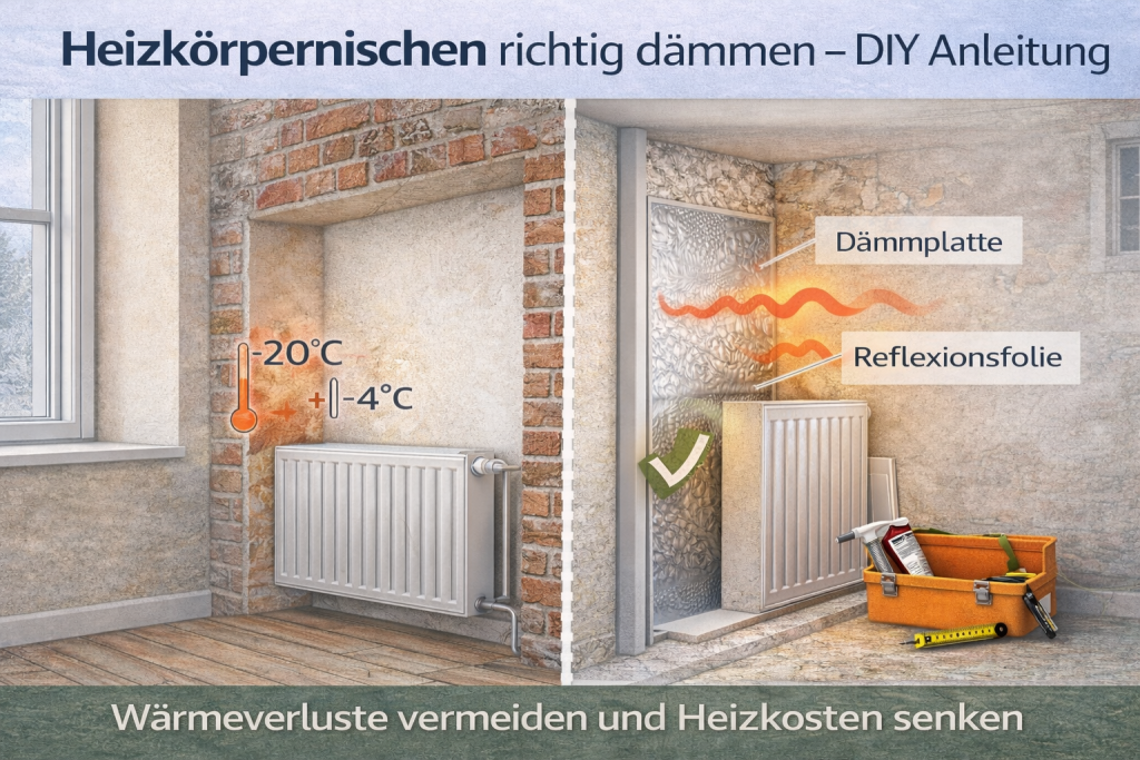 Technische Schnittdarstellung einer gedämmten Heizkörpernische mit Dämmplatte und Reflexionsfolie zur Reduzierung von Wärmeverlusten und Vermeidung von Wärmebrücken im Altbau.