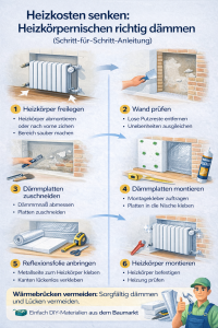 Schritt-für-Schritt-Infografik zur Dämmung von Heizkörpernischen mit Dämmplatten und Reflexionsfolie zur Reduzierung von Wärmeverlusten und Heizkosten im Altbau.