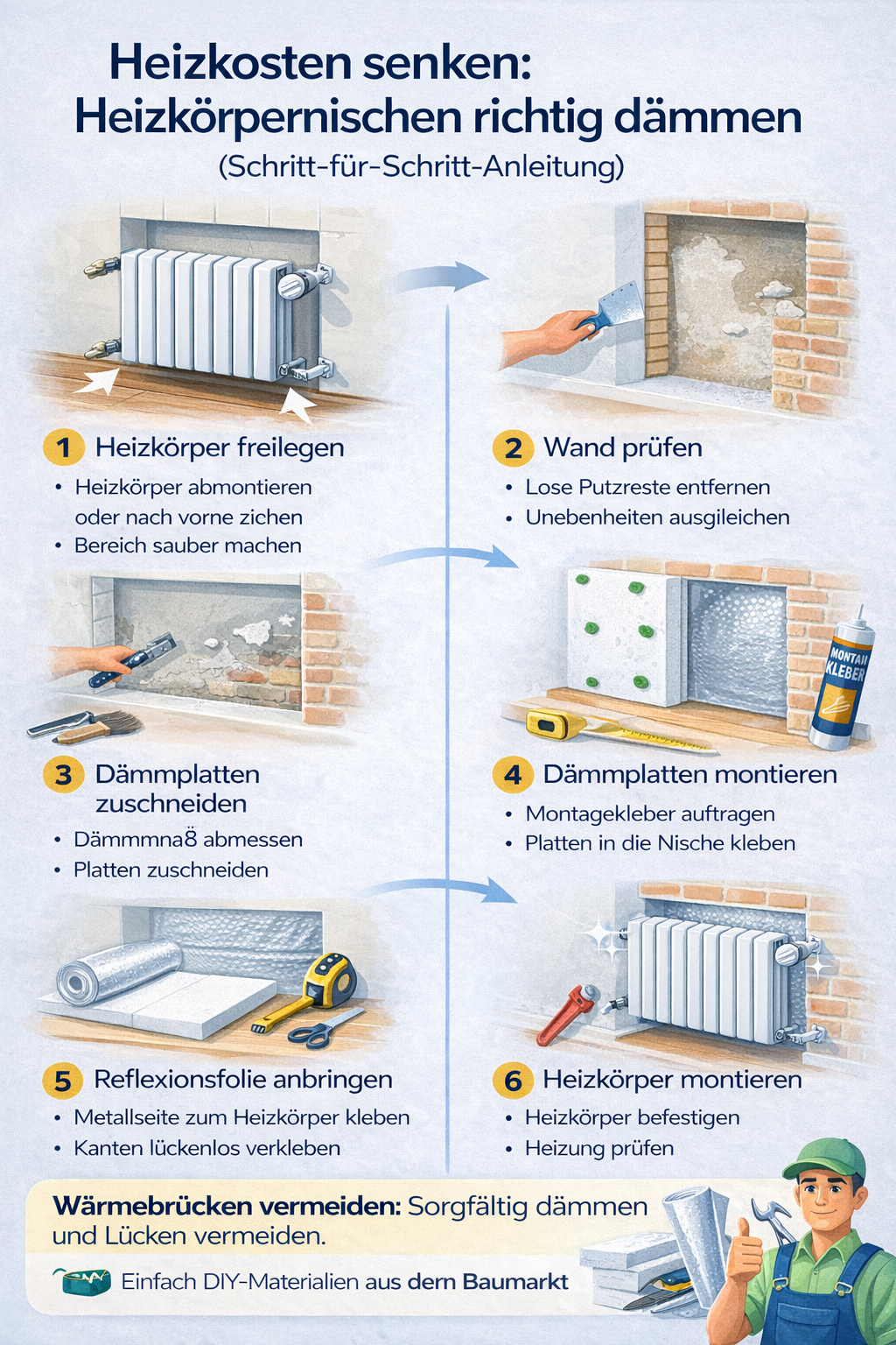 Schritt-für-Schritt-Infografik zur Dämmung von Heizkörpernischen mit Dämmplatten und Reflexionsfolie zur Reduzierung von Wärmeverlusten und Heizkosten im Altbau.