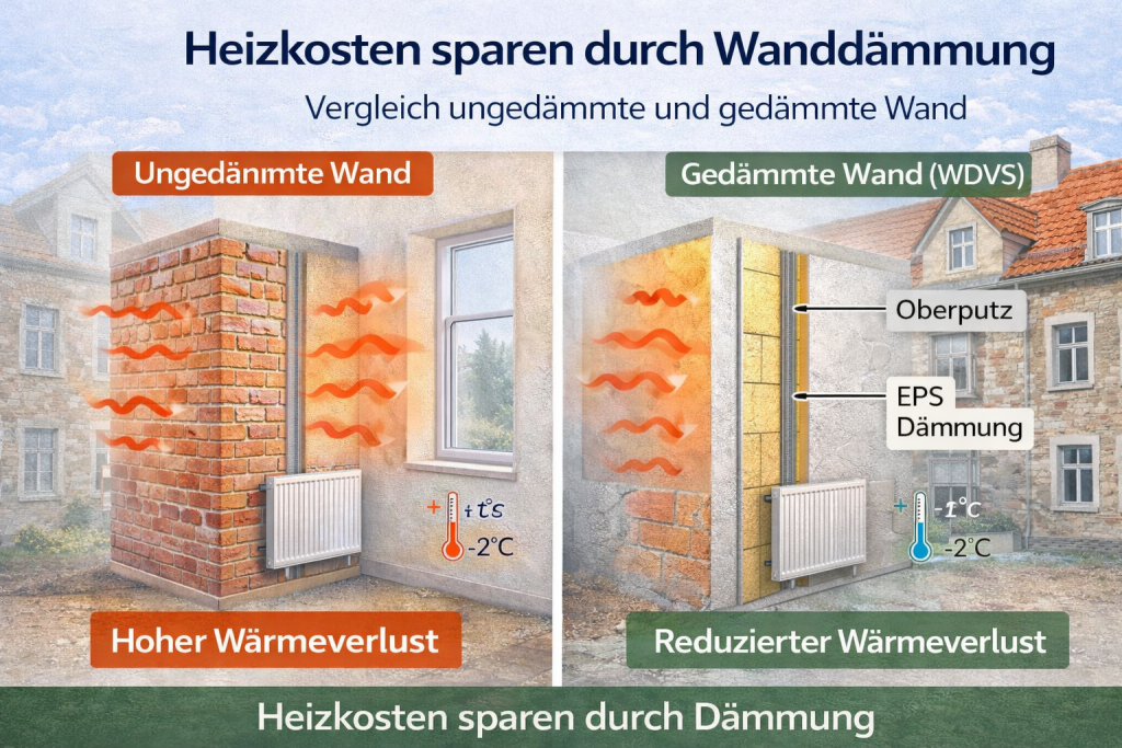 Technische Vergleichsgrafik einer ungedämmten Außenwand und einer gedämmten Wand mit Wärmedämmverbundsystem (WDVS) zur Reduzierung von Wärmeverlusten und Heizkosten im Altbau.