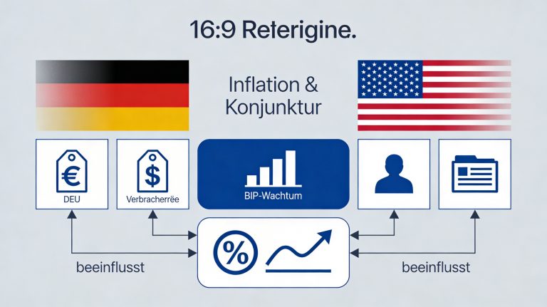 Infografik zu Inflations- und Konjunkturdaten in Deutschland und den USA mit Darstellung von Verbraucherpreisen, BIP-Wachstum und Arbeitsmarktdaten als Einflussfaktoren auf Zinsaussichten.