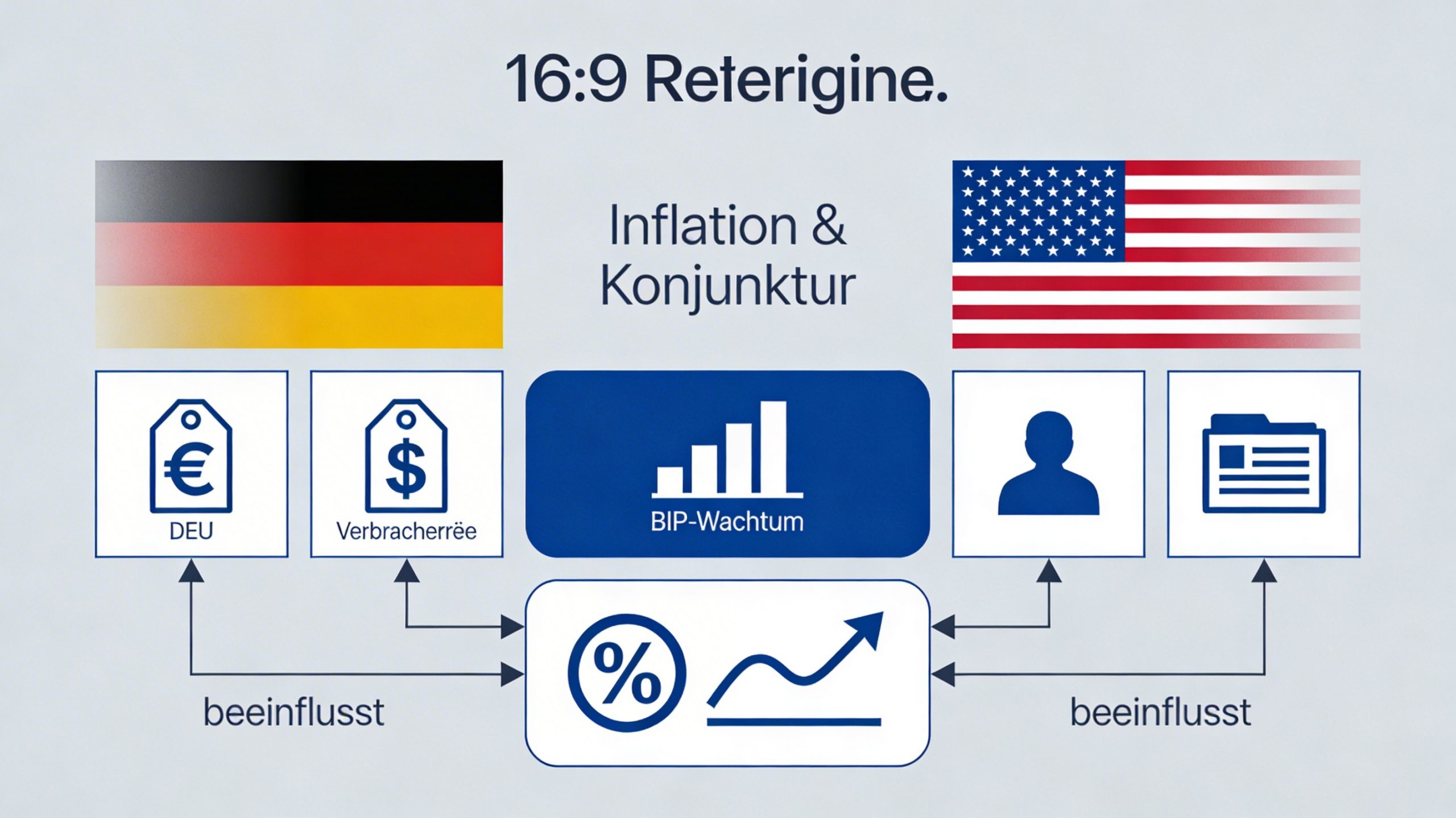 Infografik zu Inflations- und Konjunkturdaten in Deutschland und den USA mit Darstellung von Verbraucherpreisen, BIP-Wachstum und Arbeitsmarktdaten als Einflussfaktoren auf Zinsaussichten.
