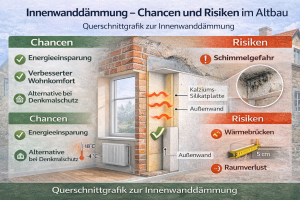 Technische Schnittgrafik einer Innenwanddämmung im Altbau mit Kalziumsilikatplatte zur Reduzierung von Wärmeverlusten sowie Darstellung möglicher Risiken wie Schimmelbildung und Wärmebrücken.