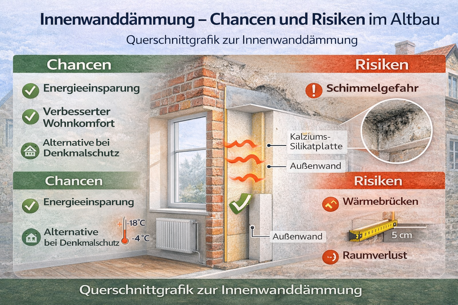 Technische Schnittgrafik einer Innenwanddämmung im Altbau mit Kalziumsilikatplatte zur Reduzierung von Wärmeverlusten sowie Darstellung möglicher Risiken wie Schimmelbildung und Wärmebrücken.