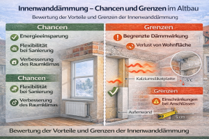 Technische Vergleichsgrafik einer Innenwanddämmung im Altbau mit Kalziumsilikatplatte zur Verbesserung der Energieeffizienz sowie Darstellung bauphysikalischer Grenzen wie Wärmebrücken und Raumverlust.