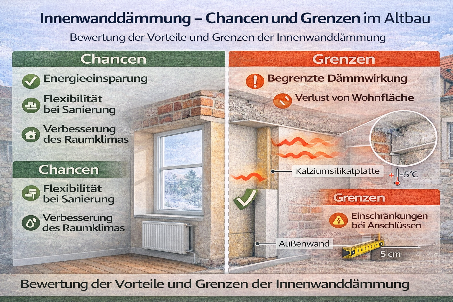 Technische Vergleichsgrafik einer Innenwanddämmung im Altbau mit Kalziumsilikatplatte zur Verbesserung der Energieeffizienz sowie Darstellung bauphysikalischer Grenzen wie Wärmebrücken und Raumverlust.