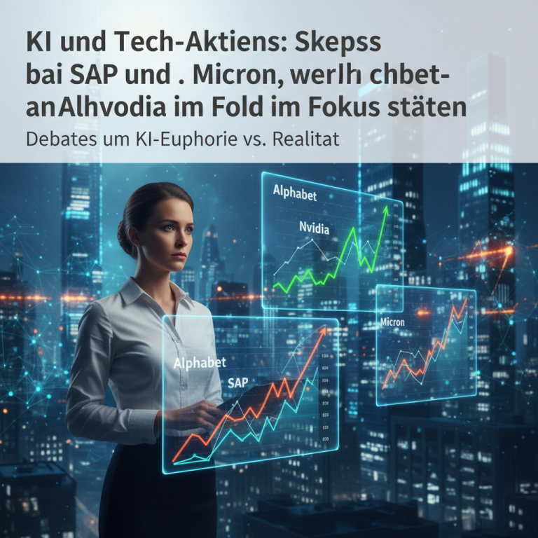 KI-Aktien Marktvergleich: Eine Geschäftsfrau analysiert digitale Finanzgraphen von Alphabet, Nvidia, SAP und Micron vor einer nächtlichen Skyline.