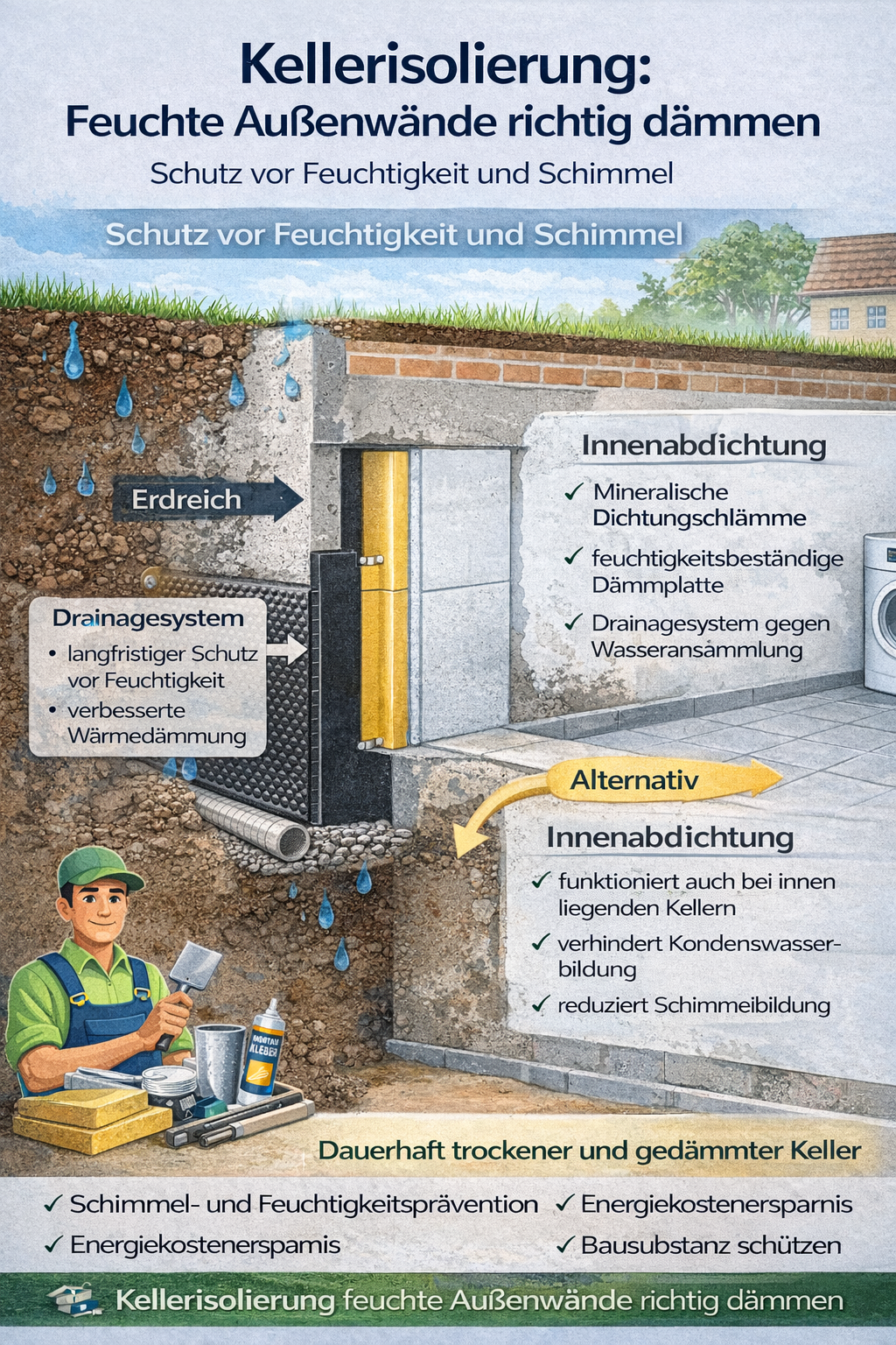 Infografik zur Kellerisolierung mit Darstellung der Außen- und Innenabdichtung feuchter Kelleraußenwände inklusive Drainagesystem und Dämmplatten zur Vermeidung von Feuchtigkeit und Schimmelbildung.