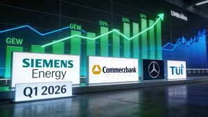 Quartalszahlen DAX-Konzerne Q1 2026 – steigende Diagramme zu Siemens Energy, Commerzbank, Mercedes-Benz und TUI.