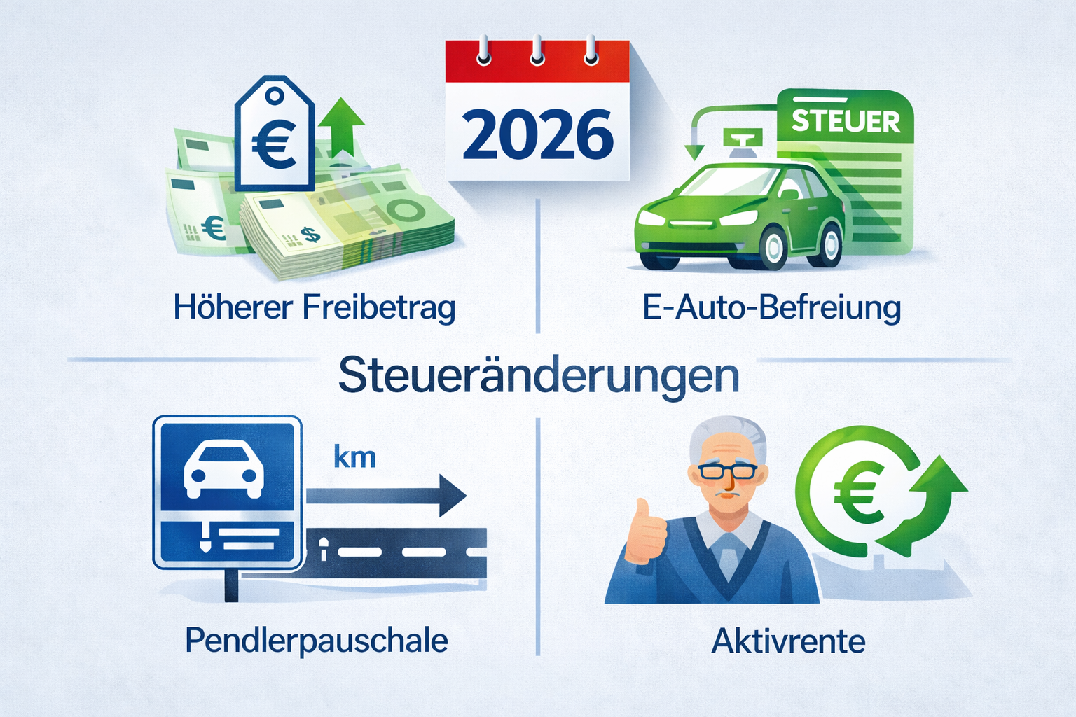 Infografik zu steuerlichen Änderungen 2026 in Deutschland mit höherem Grundfreibetrag, Pendlerpauschale, E-Auto-Steuerbefreiung und Aktivrente als zentrale Entlastungsmaßnahmen.