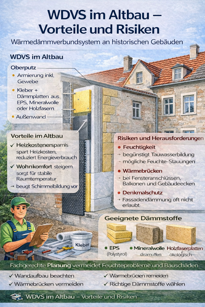 Technische Schnittdarstellung eines Wärmedämmverbundsystems (WDVS) an einer Altbaufassade mit Dämmplatten, Armierungsschicht und Außenputz zur Verbesserung der Energieeffizienz und Vermeidung von Wärmebrücken.