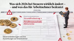 Übersicht über wichtige Steueränderungen 2026 mit Fokus auf Grundfreibetrag, Pendlerpauschale und Aktivrente für Arbeitnehmer.