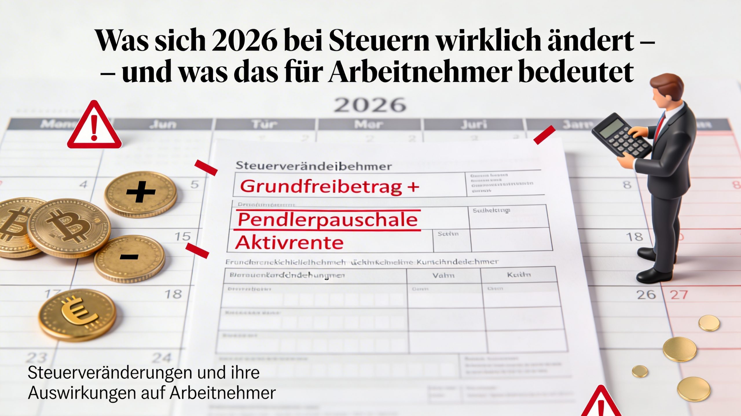 Übersicht über wichtige Steueränderungen 2026 mit Fokus auf Grundfreibetrag, Pendlerpauschale und Aktivrente für Arbeitnehmer.